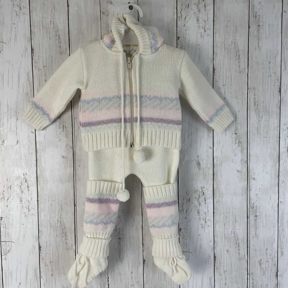 Vtg Friemanit Baby Knit Overalls Set 6m Zip Sweater Leg Warmers 1980's Pastels